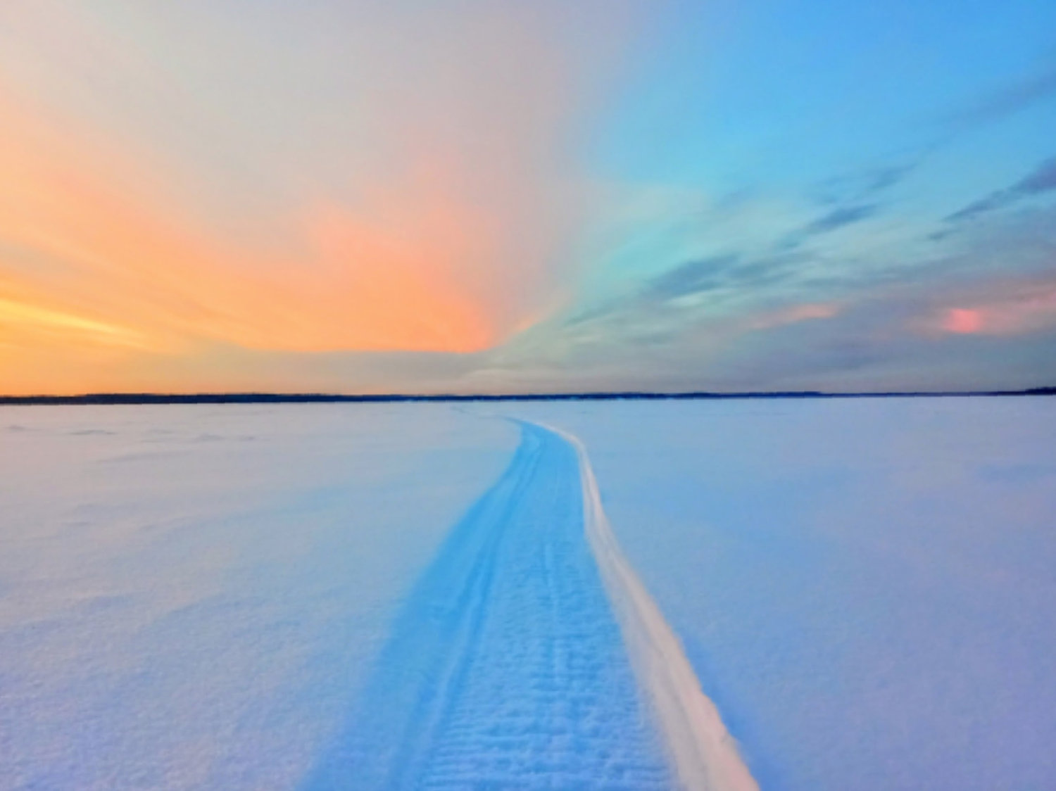 След на льду уходит в розовый рассвет